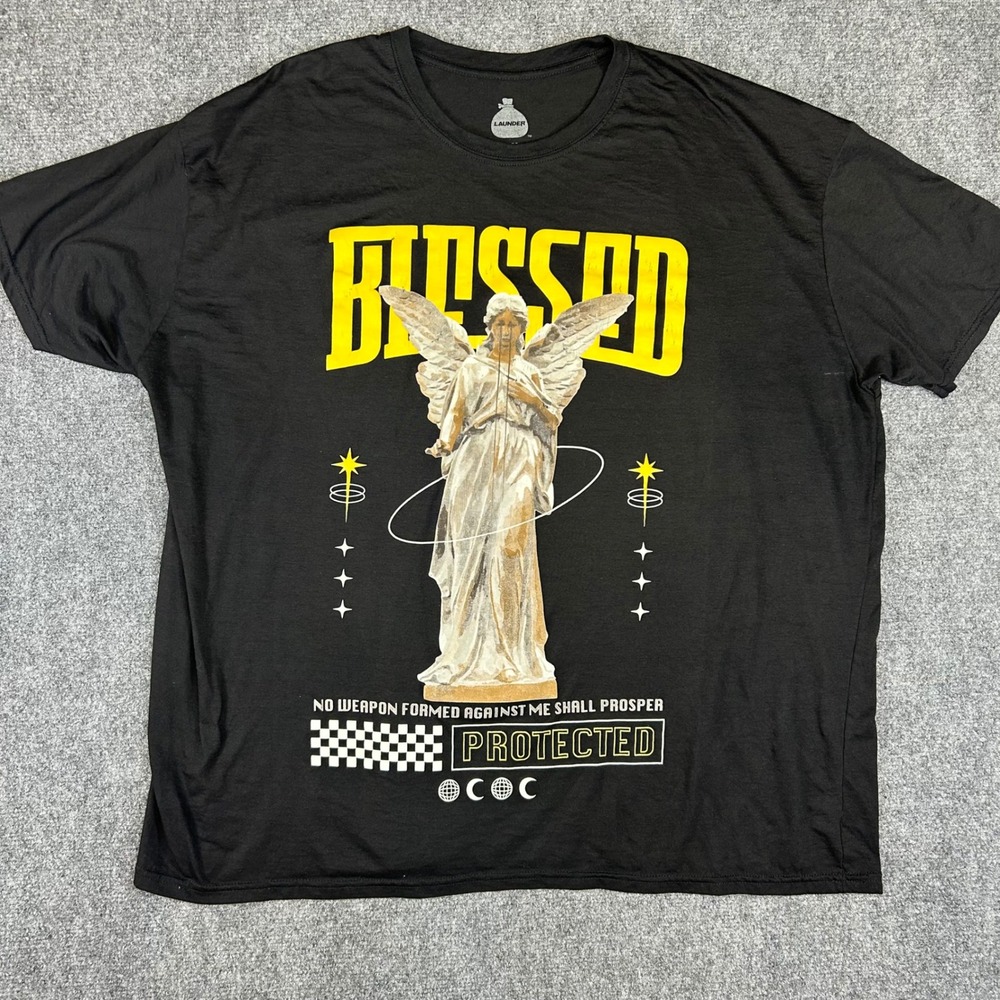 Launder Mens Blessed Angel Graphic T-Shirt Black 3XL Short Sleeve Protected Tee